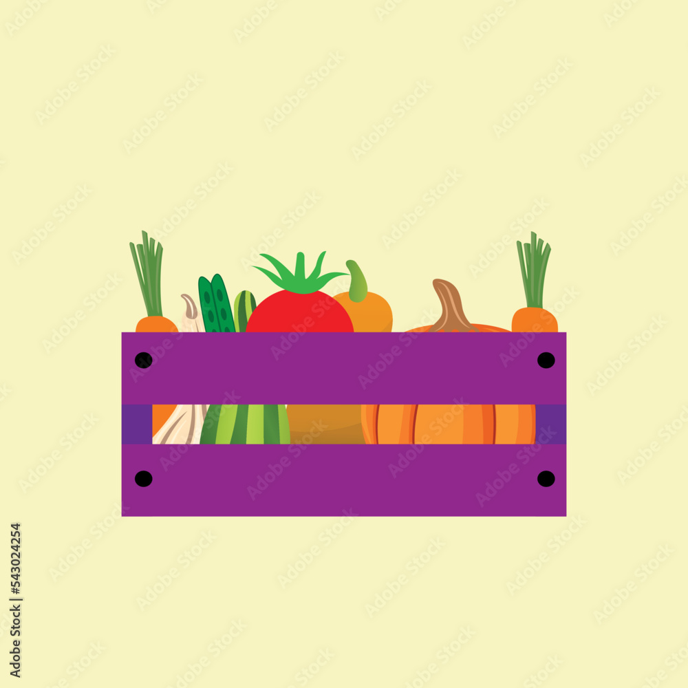 Crate with autumn vegetables, harvest in a wooden box Crate with autumn vegetables, harvest in a wooden box