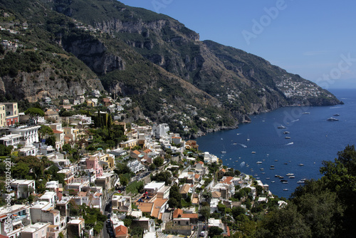 Panoramic view of beautiful Amalfi Positano on hills leading down to coast, Campania, Neaples, Italy. Amalfi coast is most popular travel and holiday destination in Europe.