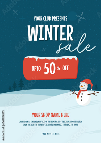 Modern flat illustrated winter sale vertical poster. winter sale store for social media posts. Flat winter sale flyer or brochure template