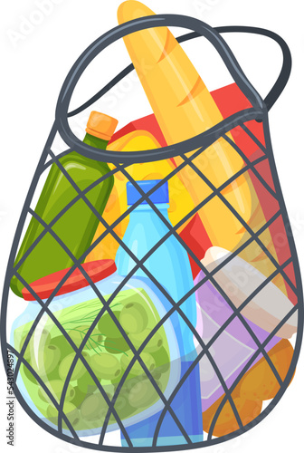 Groceries in mesh bag. Cartoon store purchases icon