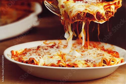 3D rendered computer generated image of a hot, melted lasagna. Marinara sauce, pasta, and melty, gooey cheese makes this a homecooked Italian comfort food meal. photo