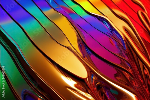 3D rendered computer generated image of a liquid metal rainbow. Bright and colorful polychromatic texture with metallic finish to look like metal paint splatters for a multi-colored 3D shaded look photo