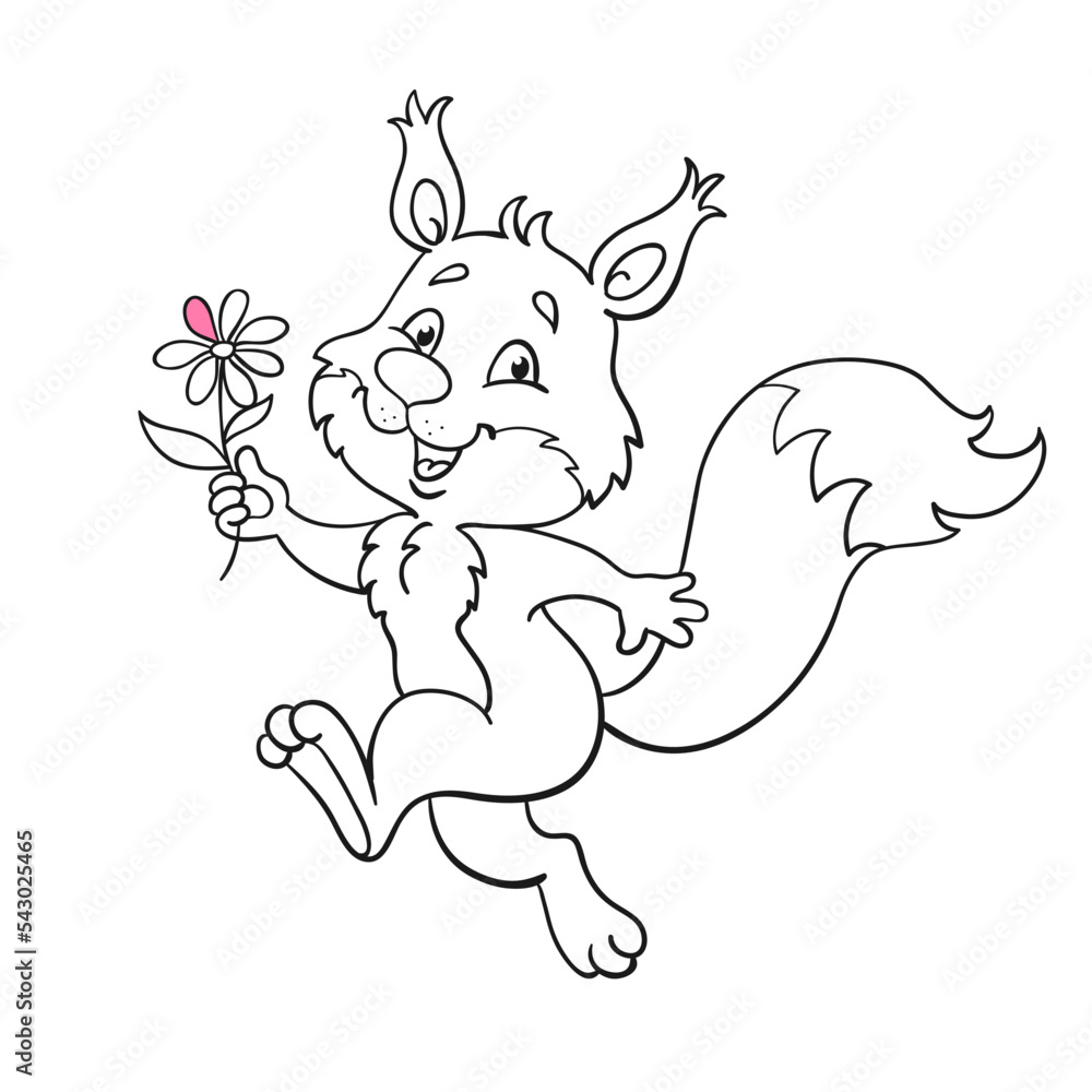 Cute squirrel runs skipping with a flower in her hand. Black and white picture in cartoon style. With pink accent. Isolated on white background. For coloring book. Cute squirrel runs skipping with a flower in her hand. Black and white picture in cartoon style. With pink accent. Isolated on white background. For coloring book.