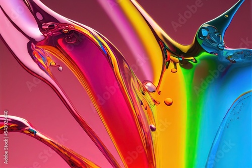 3D rendered computer generated image of a liquid metal rainbow. Bright and colorful polychromatic texture with metallic finish to look like metal paint splatters for a multi-colored 3D shaded look photo