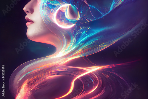 abstract background beautiful woman head with colorful glowing lights