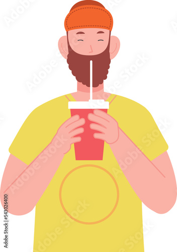 Bearded guy drink soda from plastic cup with straw