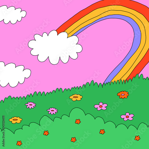 square template for social media. Editable layered photo frame.1970 psychedelic and groovy hippies.Fantasy naive background with rainbow,sky,clouds.90s good vibes.nostalgic publications, 00saesthetics