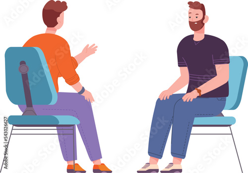 Men sitting on chairs and talking. Therapy icon. Mental health treatment