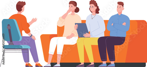 Family psychotherapy. People sit on couch and talking with psychologist