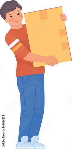 Kid holding cardboard box. Boy carrying stuff package