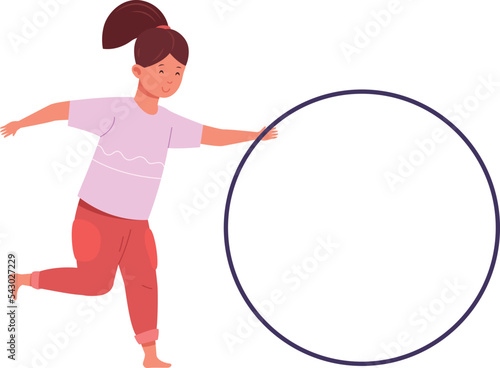 Funny girl running with hoop. Active kid playing