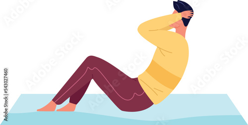 Man making sit-ups on mat. Abdominal training exercise