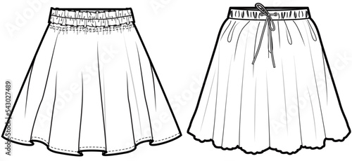 Flared Short Skirts Sets Fashion Illustration, Vector, CAD, Technical Drawing, Flat Drawing, Template, Mockup.