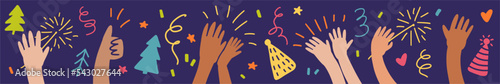 Horizontal illustration with applause, hands clapping, hand-drawn in the style of a doodle. New Year's Eve Party
