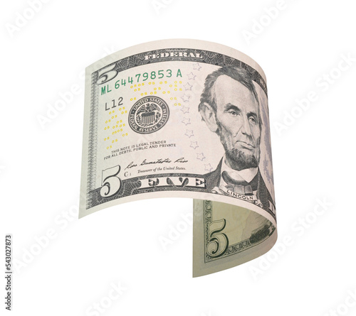 flying five dollars bill isolated