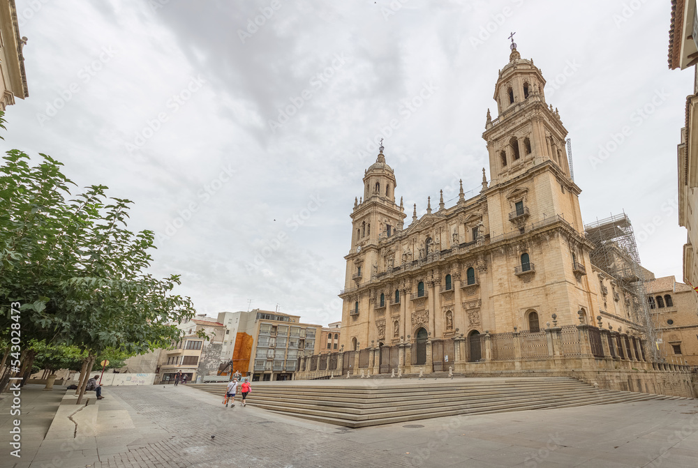 View at the Jaén Cathedral front facade, grand baroque-Renaissance cathedral housing the noted Santo Rostro relic and religious art museum on Plaza Santa Maria, Jaén downtown