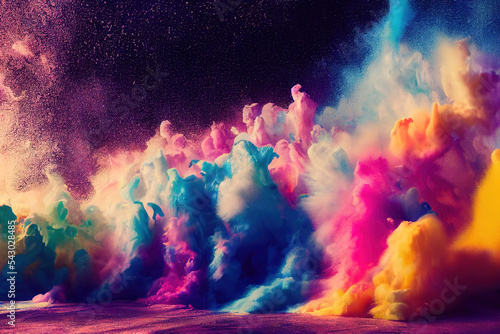 Exploding paint splashes and paint powder in rainbow colors