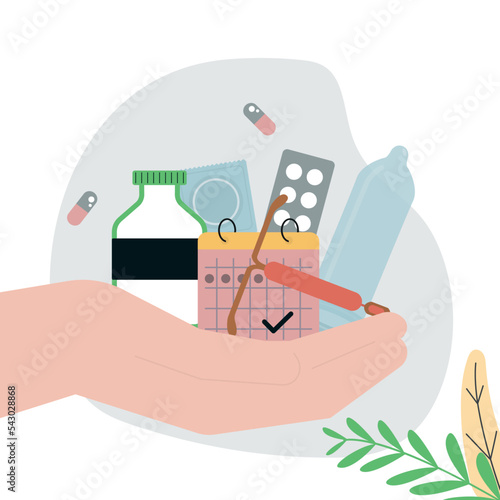 Sex education. Hand holding different type of contraception. Anti-pregnancy products. Contraceptives concept. Safe relation and intercourse, sexual health care