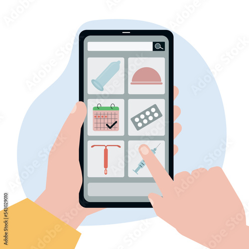 Sex education. Human holding phone and choose different types of contraception. Anti-pregnancy products. Contraceptives concept. Safe relation and intercourse