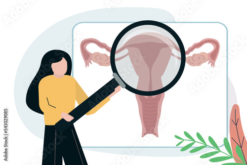 Woman doctor checking with magnifying glass of female genital organs. Anatomy of vagina, uterus and ovaries. Reproductive system. Gynecology