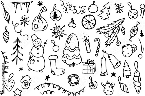 Set of black vector New Year's drawings on a transparent background. Elements for Christmas decor - cards, wrappers, patterns. Festive theme, naive style.