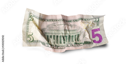 Back of crumpled five dollars banknote isolated