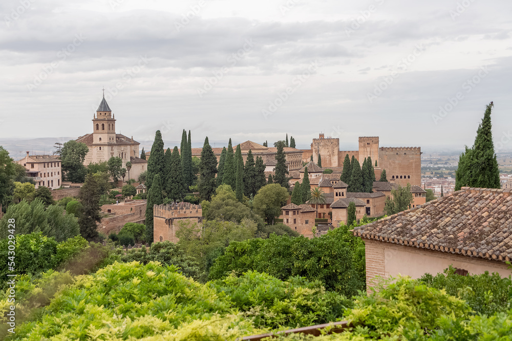 Exterior view at the Alhambra citadel, alcazaba, Charles V and nasrid Palaces and fortress complex, view from Generalife Gardens, Granada, Andalusia, Spain