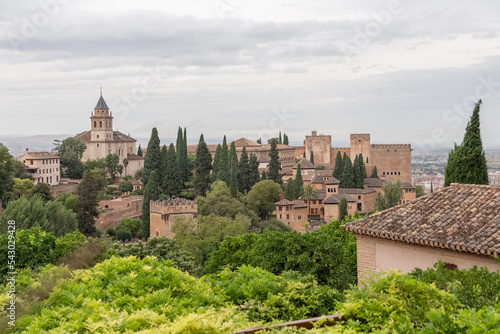 Exterior view at the Alhambra citadel, alcazaba, Charles V and nasrid Palaces and fortress complex, view from Generalife Gardens, Granada, Andalusia, Spain photo