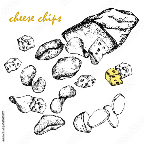 Сheese chips.Black and white sketch, hand-drawn, Vector, isolated on a white background, a bag of chips of different shapes.Cheese cubes. For packaging, design bars, menus, labels