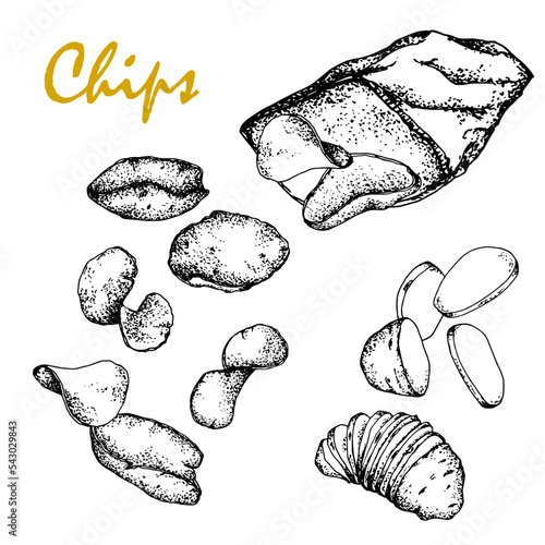 Chips.Black and white sketch, hand drawn, Vector, isolated on white background, falling into a bag of chips of different shapes.For packaging, design of bars, menus, labels