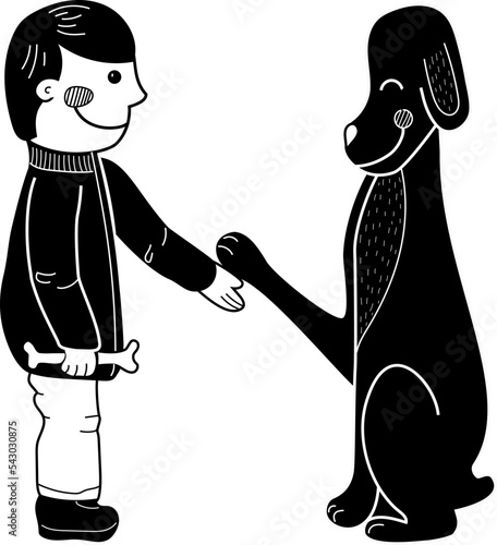 Illustration of a boy and a dog. The boy stands with a bone in his hand and the dog gives him a paw. Friendship of a dog and a man. Stock vector illustration.