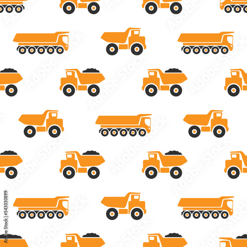 Large orange mining dump trucks isolated on white background. Construction equipment. Side view. Cute automotive seamless pattern. Vector simple flat graphic illustration. Texture.