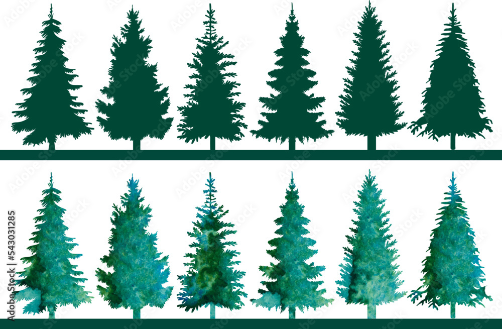 christmas trees, forest watercolor silhouette design isolated vector