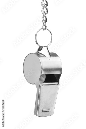 Hanging metal whistle isolated photo
