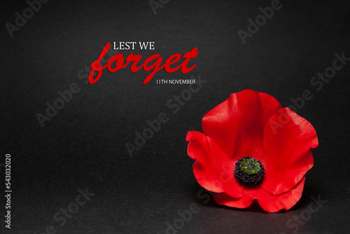 Poppy pin for Remembrance Day. Poppy flower on black background. Lest We Forget. photo