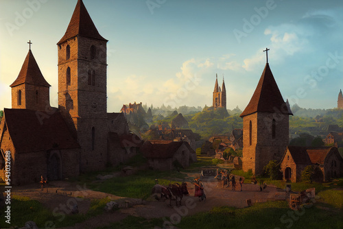 Beautiful illustration of small medieval town daily environment