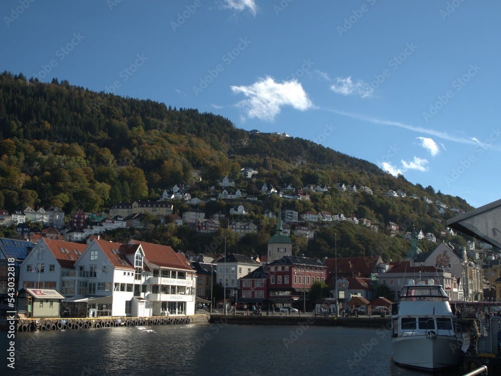 Bergen, Norway. View of historic buildings at Bryggen - Hanseatic Quay in Bergen, Norway. UNESCO World Heritage Site, bryggen