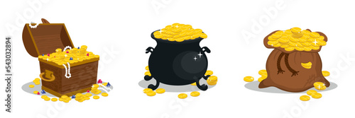 Set of precious treasures in cartoon style. Vector illustration of gold coins, precious stones in chest, pot, sack on white background.