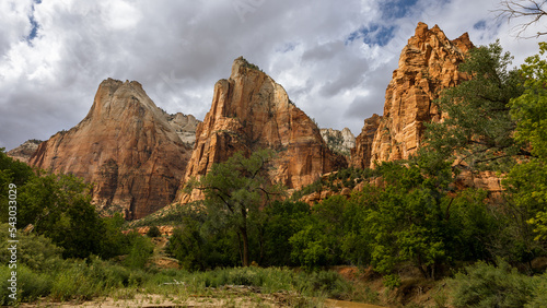The Court of the Patriarchs is a grouping of sandstone cliffs in Zion National Park. The mountain is named after the biblical figures of Abraham, Isaac, and Jacob.
