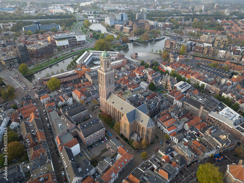 The Peperbus or Onze Lieve Vrouwetoren with Onze Lieve Vrouwebasiliek is a medieval cruciform church on the Ossenmarkt in Zwolle subordinate to St. Michael's Church. Zwolle skyline urban city center. photo