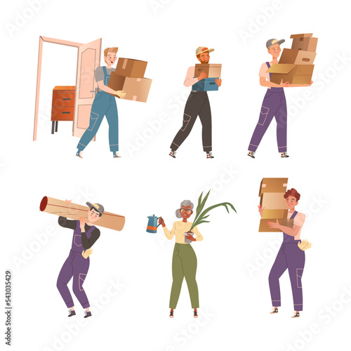Families moving to new house. People and movers carrying cardboard boxes with household stuff vector illustration