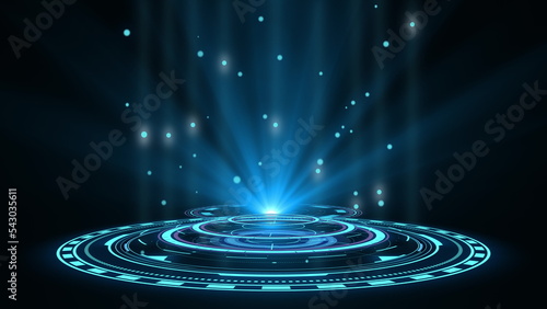 Blue hologram HUD circle interfaces. Digital data network protection, future technology network concept. Excellent for any kind of hi-tec, science, technology or futuristic concept. 3D rendering.