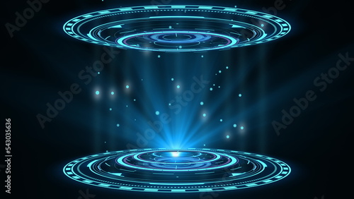 Double blue hologram HUD circle interfaces. Digital data network protection, future technology network concept. Excellent for any kind of hitec, science, technology or futuristic concept. 3D rendering
