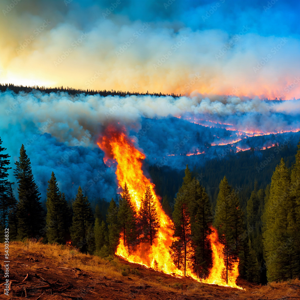 Large wildfire, a forest fire in the distance with a mountain in the background.