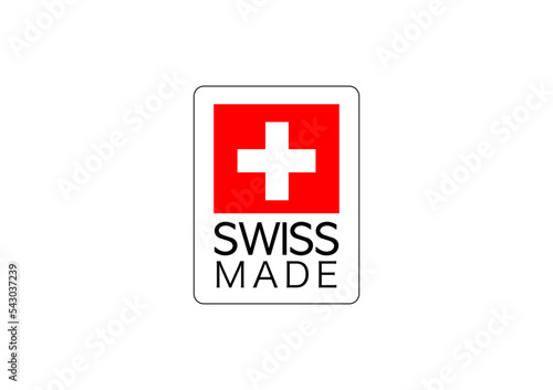 Label with text Swiss Made, Swiss flag, square and rectangle. Illustration made November 2nd, 2022, Zurich, Switzerland.