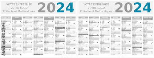 Calendrier 2024 14 mois au format 320 x 420 mm recto verso entièrement modifiable via calques et texte sans serif