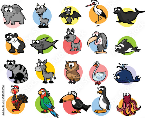 Big bundle of funny domestic and wild animals, marine mammals, reptiles, birds and fish. Collection of cute cartoon characters isolated on white background. Vector illustration in flat style.