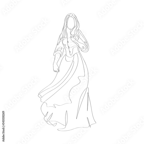 Long dress gown with woman stole continues line doodle drawing illustration