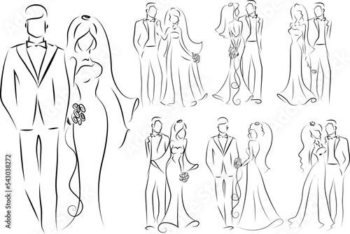 Sketch bride and groom wedding set for invitation cards, including template design decorative elements