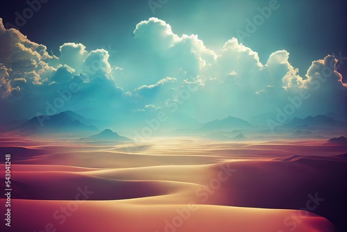 Fotografering a desert landscape with a blue sky and clouds above it and a sunbeam in the distance with a few clouds